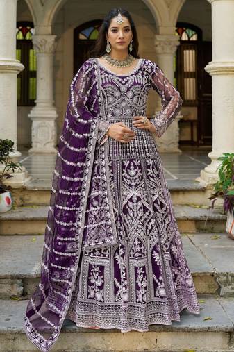 Purple net readymade anarkali suit with dimaond & embroidery work