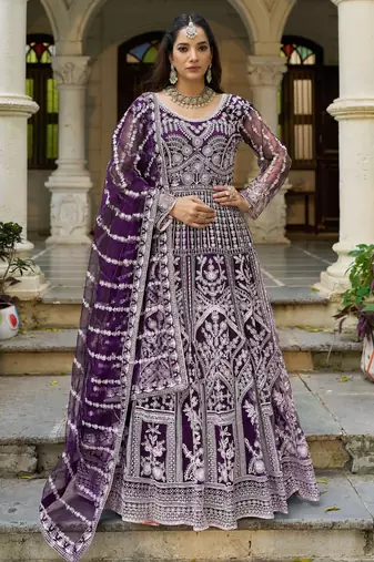 Purple net readymade anarkali suit with dimaond & embroidery work