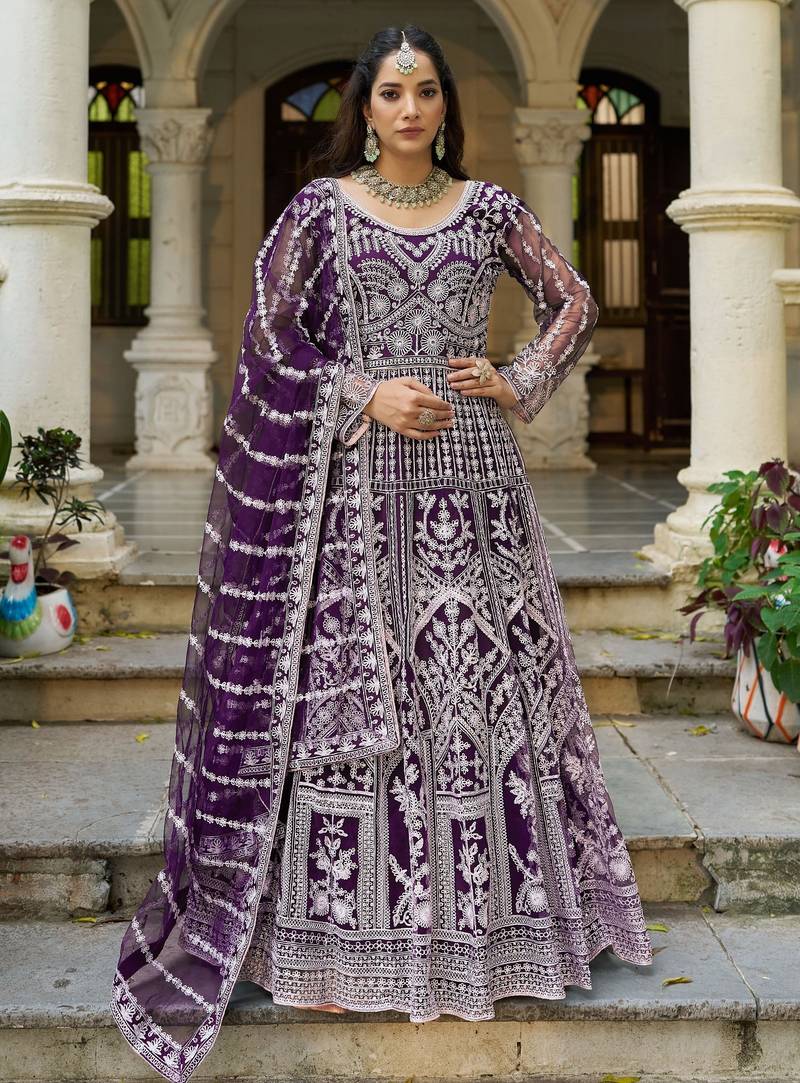 Purple net readymade anarkali suit with dimaond & embroidery work
