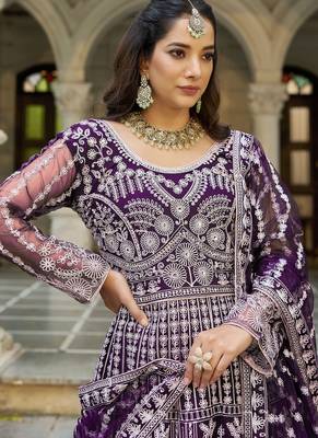 Purple net readymade anarkali suit with dimaond & embroidery work 2