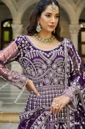 Purple net readymade anarkali suit with dimaond & embroidery work