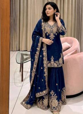 navy blue color embroidery sequin work faux georgette kurti sharara set 1