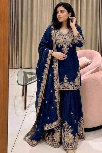 navy blue color embroidery sequin work faux georgette kurti sharara set