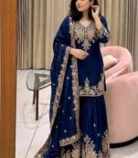 navy blue color embroidery sequin work faux georgette kurti sharara set