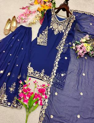 navy blue color embroidery sequin work faux georgette kurti sharara set 2