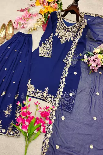 navy blue color embroidery sequin work faux georgette kurti sharara set