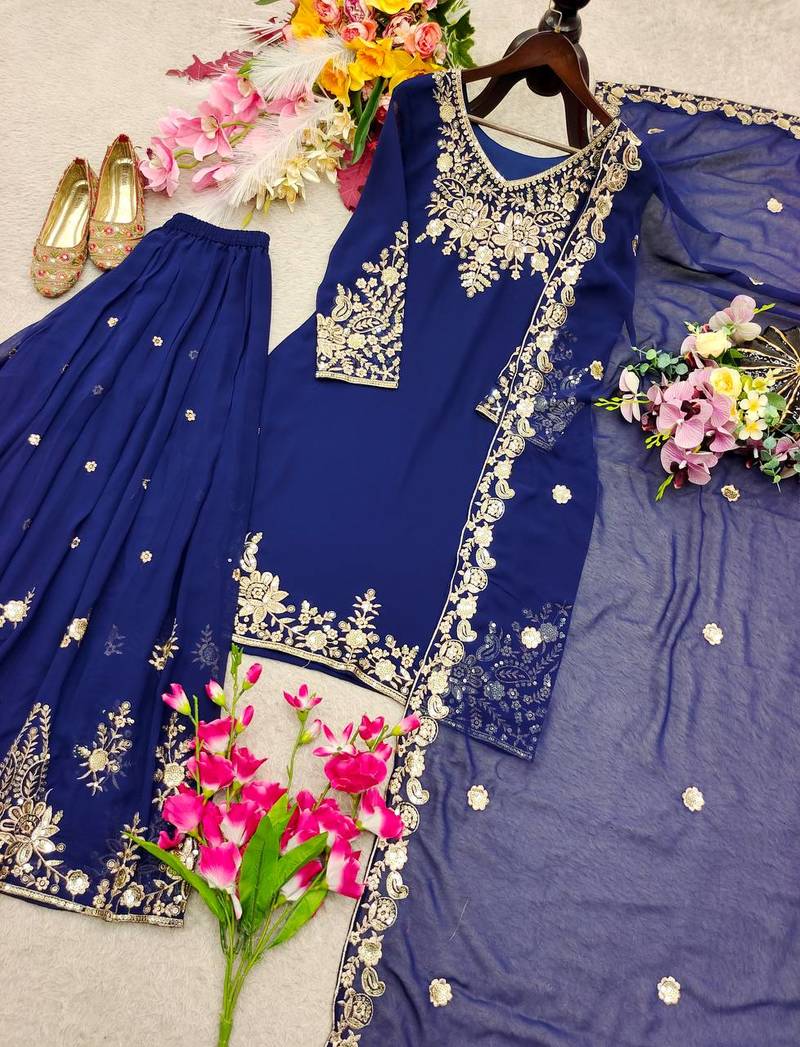 navy blue color embroidery sequin work faux georgette kurti sharara set