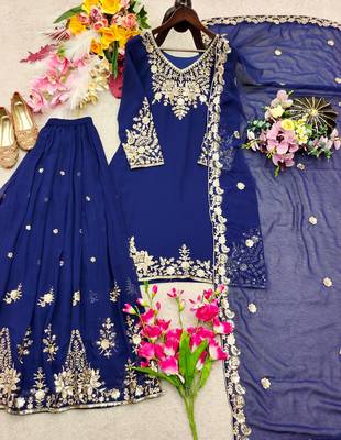 navy blue color embroidery sequin work faux georgette kurti sharara set 3