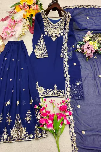 navy blue color embroidery sequin work faux georgette kurti sharara set