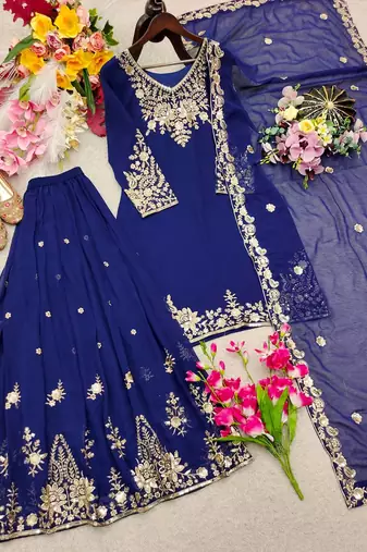 navy blue color embroidery sequin work faux georgette kurti sharara set