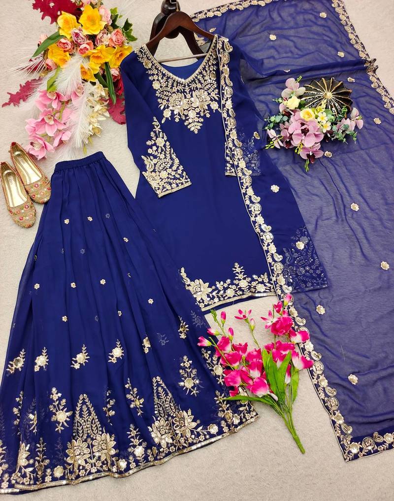 navy blue color embroidery sequin work faux georgette kurti sharara set