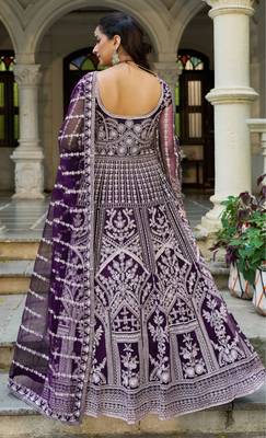 Purple net readymade anarkali suit with dimaond & embroidery work 3