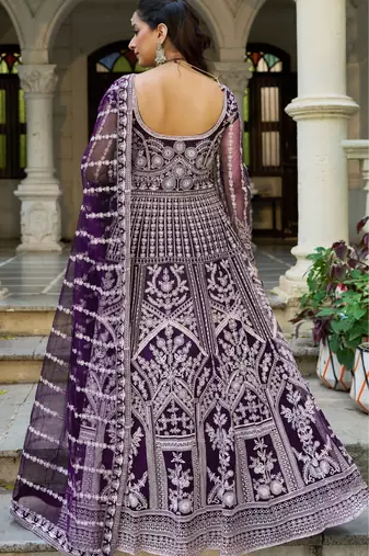 Purple net readymade anarkali suit with dimaond & embroidery work
