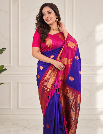 purple color zari weaves motifs in border and contrast pallu and designer chaap border silk blend saree