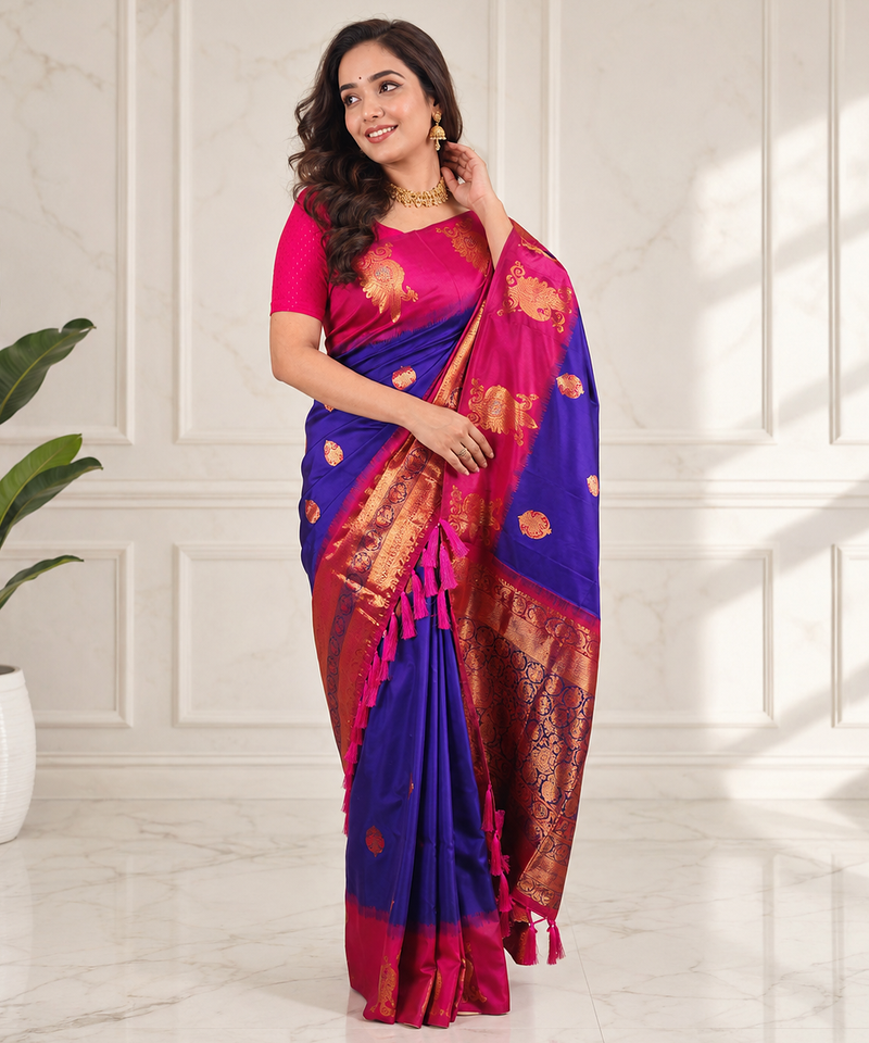 purple color zari weaves motifs in border and contrast pallu and designer chaap border silk blend saree