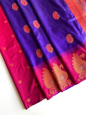 purple color zari weaves motifs in border and contrast pallu and designer chaap border silk blend saree 3