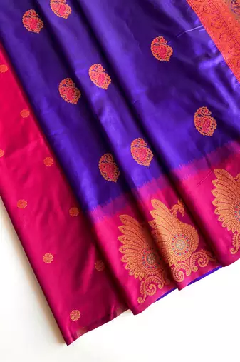 purple color zari weaves motifs in border and contrast pallu and designer chaap border silk blend saree
