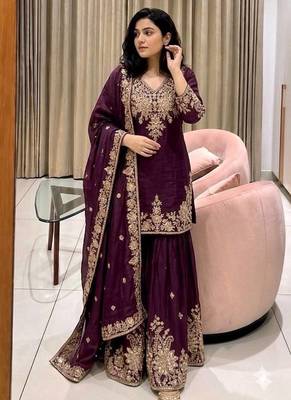 plum color embroidery sequin work faux georgette kurti sharara set 1