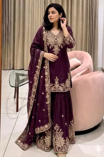 plum color embroidery sequin work faux georgette kurti sharara set