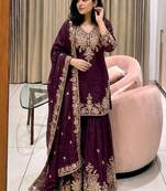 plum color embroidery sequin work faux georgette kurti sharara set