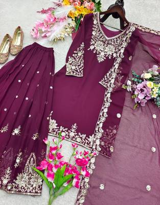 plum color embroidery sequin work faux georgette kurti sharara set 2
