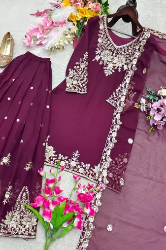 plum color embroidery sequin work faux georgette kurti sharara set