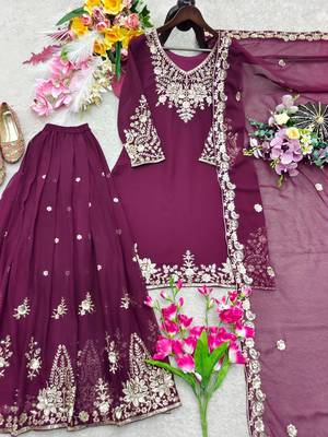plum color embroidery sequin work faux georgette kurti sharara set 3