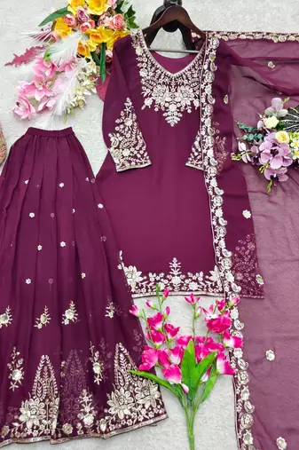 plum color embroidery sequin work faux georgette kurti sharara set