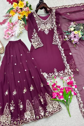 plum color embroidery sequin work faux georgette kurti sharara set
