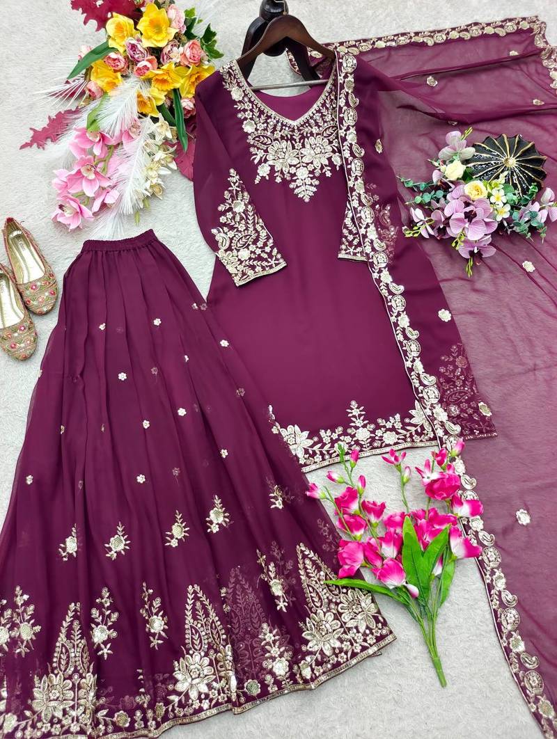 plum color embroidery sequin work faux georgette kurti sharara set