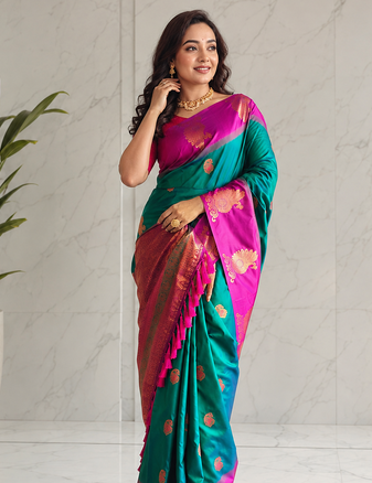 green color zari weaves motifs in border and contrast pallu and designer chaap border silk blend saree