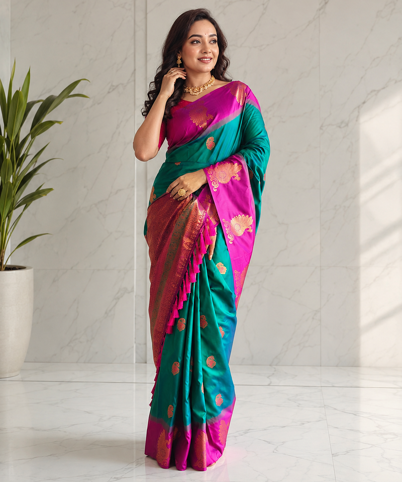 green color zari weaves motifs in border and contrast pallu and designer chaap border silk blend saree