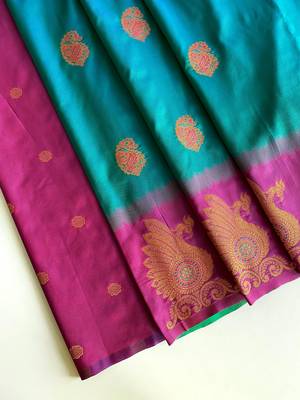 green color zari weaves motifs in border and contrast pallu and designer chaap border silk blend saree 3