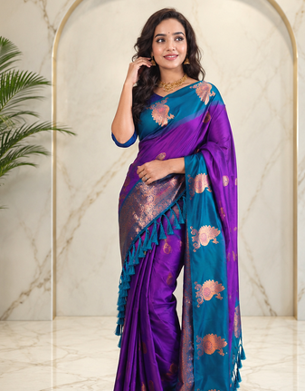violet color zari weaves motifs in border and contrast pallu and designer chaap border silk blend saree