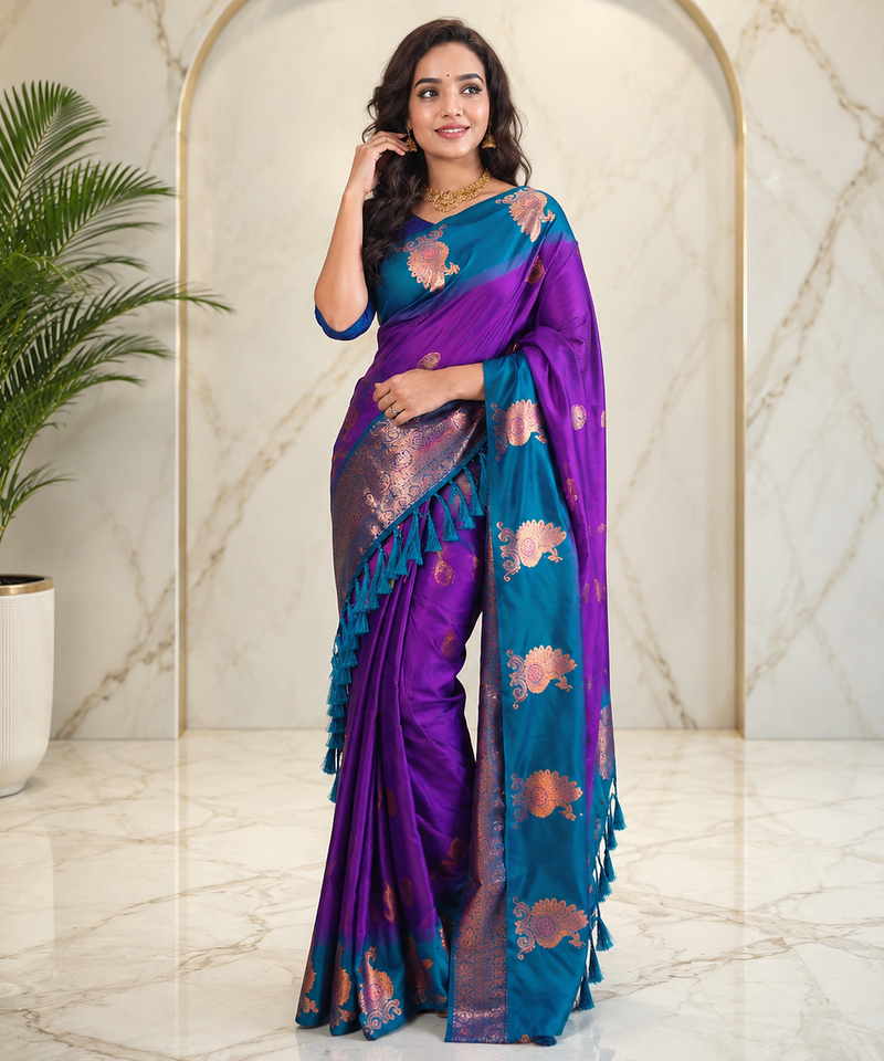 violet color zari weaves motifs in border and contrast pallu and designer chaap border silk blend saree