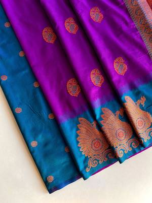 violet color zari weaves motifs in border and contrast pallu and designer chaap border silk blend saree 3