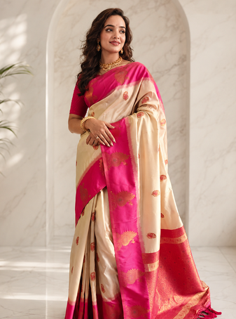 white color zari weaves motifs in border and contrast pallu and designer chaap border silk blend saree