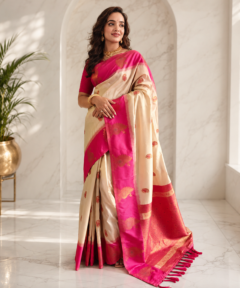 white color zari weaves motifs in border and contrast pallu and designer chaap border silk blend saree