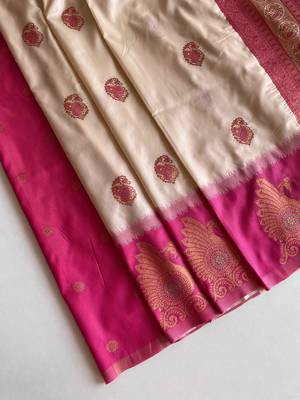 white color zari weaves motifs in border and contrast pallu and designer chaap border silk blend saree 3