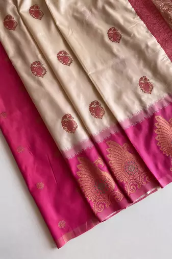 white color zari weaves motifs in border and contrast pallu and designer chaap border silk blend saree