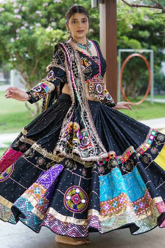 Black Mirror With Lampi Lace Borders Cotton Lahenga Choli Set
