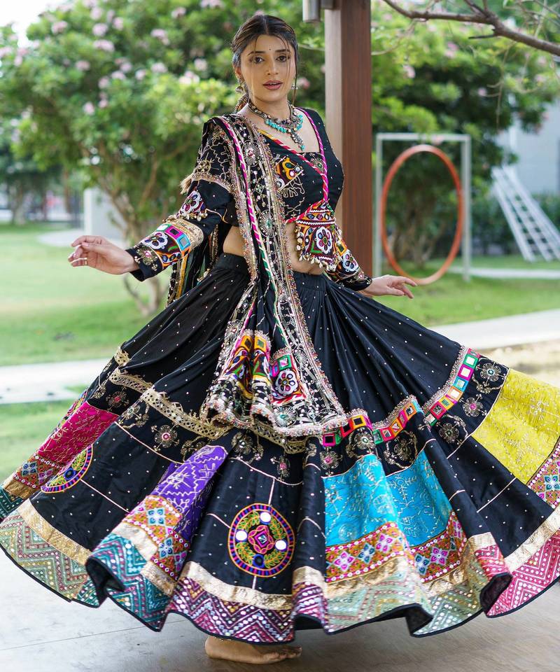 Black Mirror With Lampi Lace Borders Cotton Lahenga Choli Set