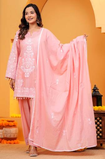 Pink Mal cotton embroidered 3 pcs kurta set