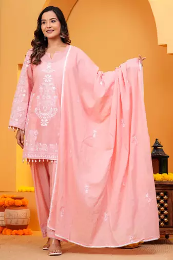 Pink Mal cotton embroidered 3 pcs kurta set