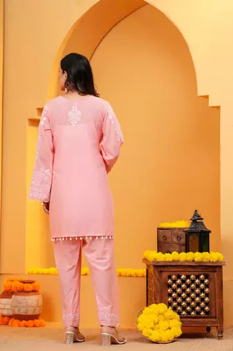Pink Mal cotton embroidered 3 pcs kurta set