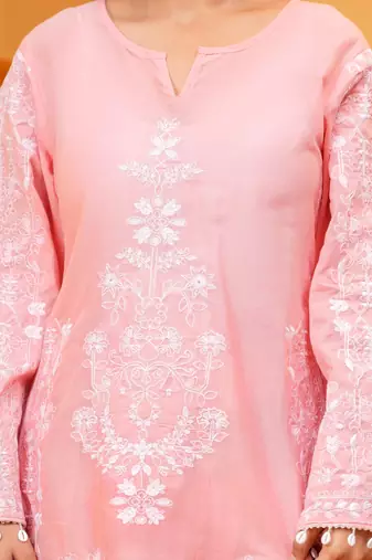 Pink Mal cotton embroidered 3 pcs kurta set