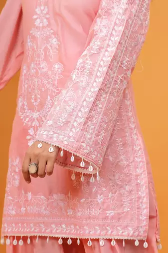 Pink Mal cotton embroidered 3 pcs kurta set