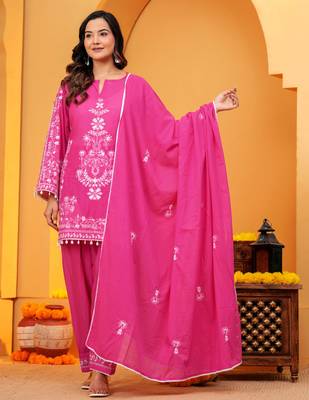 Mal cotton embroidered 3 pcs kurti-farsi salwar-dupatta set in dark pink color 1