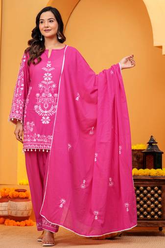 Mal cotton embroidered 3 pcs kurti-farsi salwar-dupatta set in dark pink color