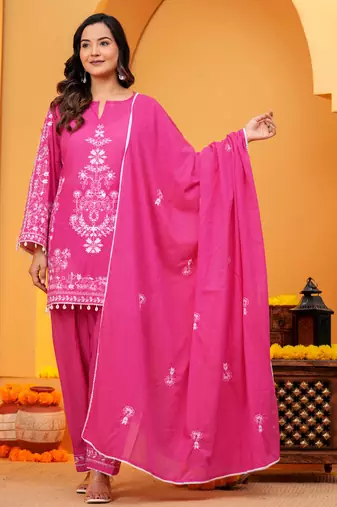Mal cotton embroidered 3 pcs kurti-farsi salwar-dupatta set in dark pink color